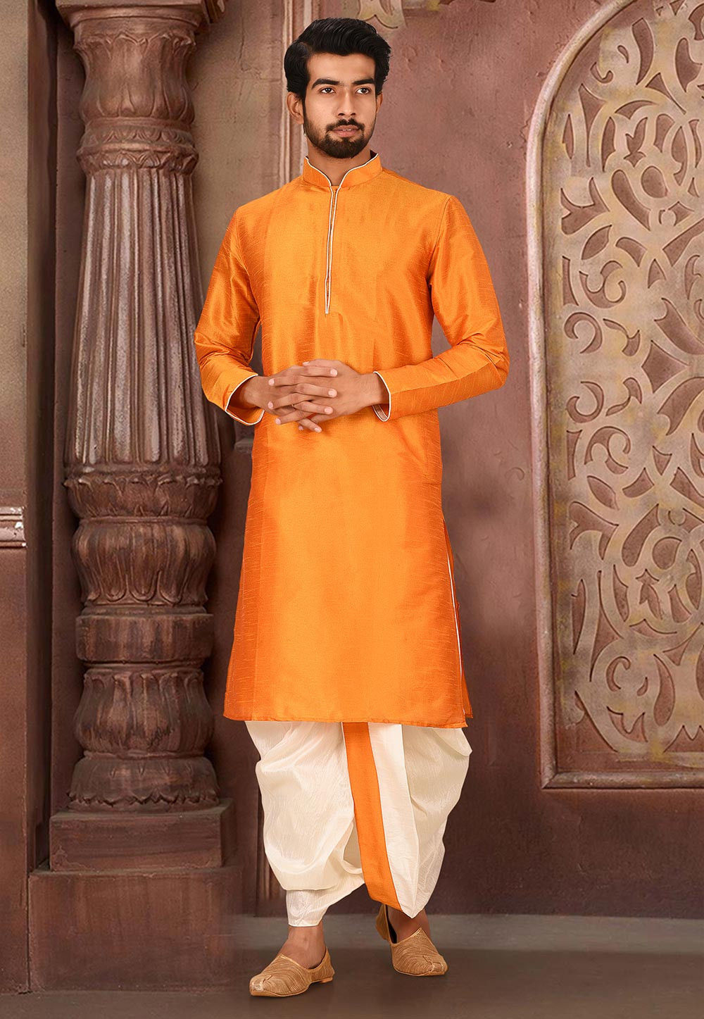 Musterd Solid Art Silk Kurta Dhoti Set