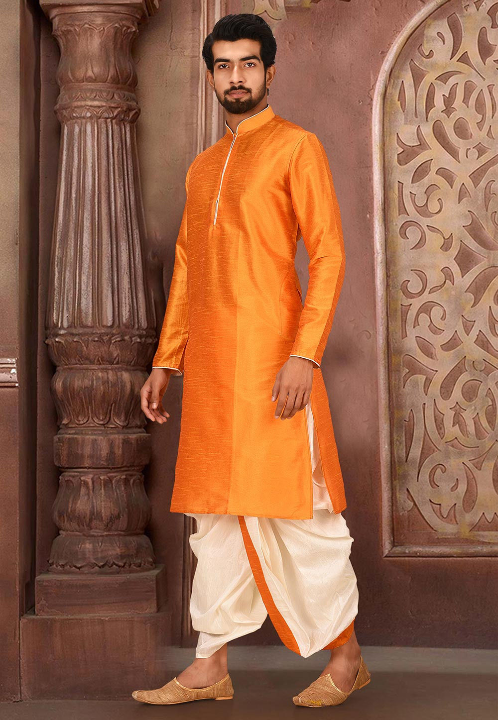 Musterd Solid Art Silk Kurta Dhoti Set