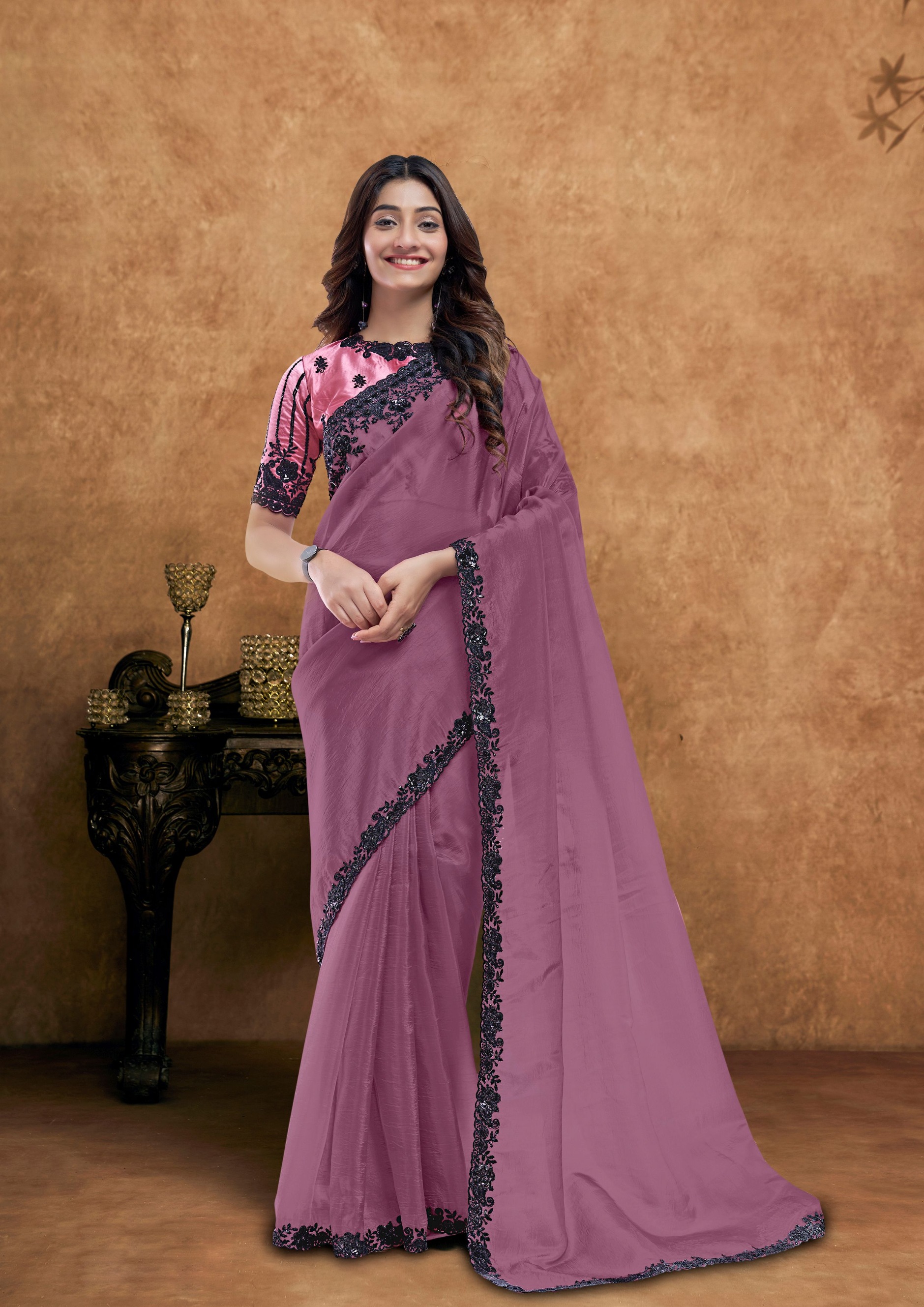 Muted Dark Mauve Crush Silk Designer Saree