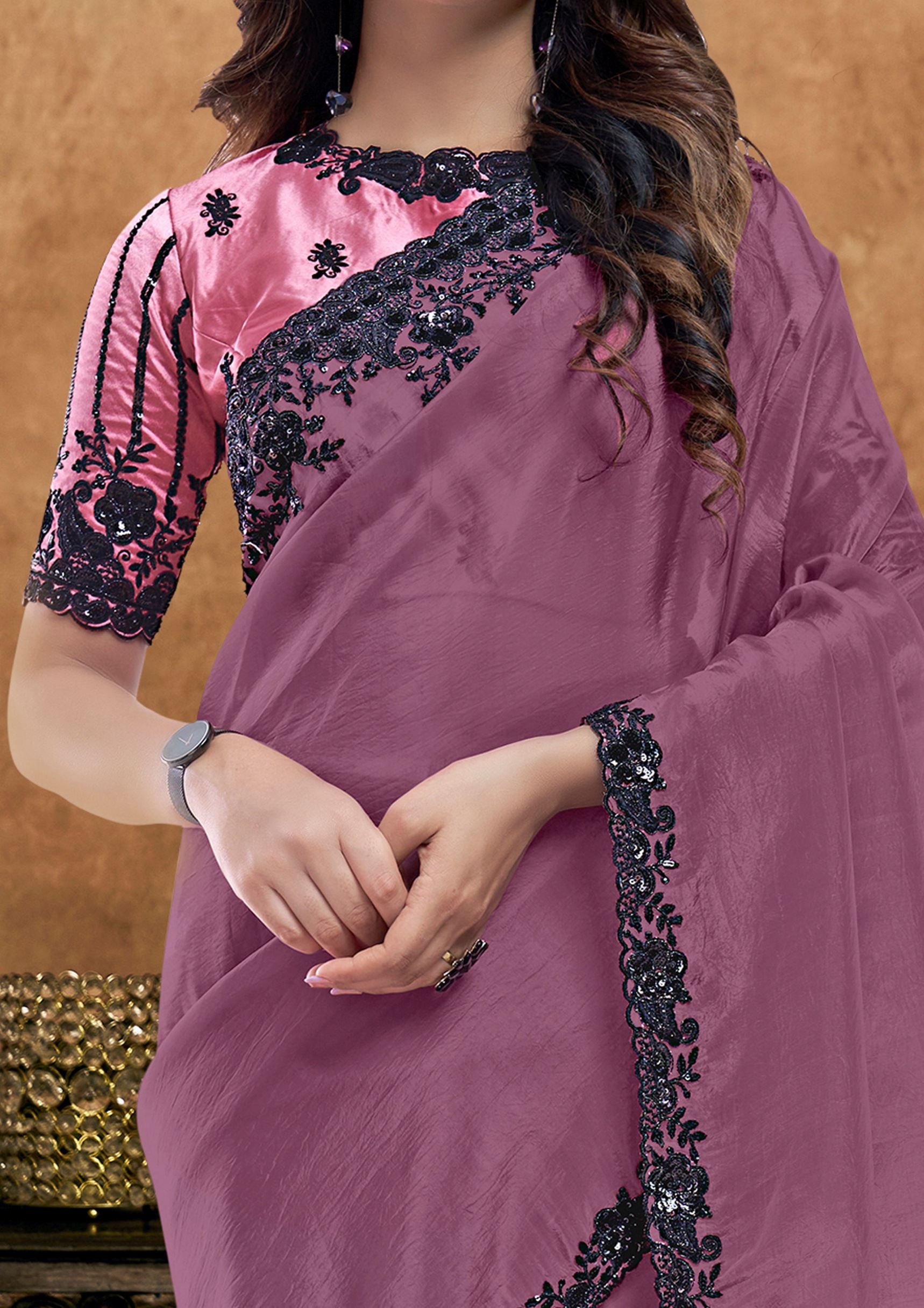 Muted Dark Mauve Crush Silk Designer Saree — alternate view