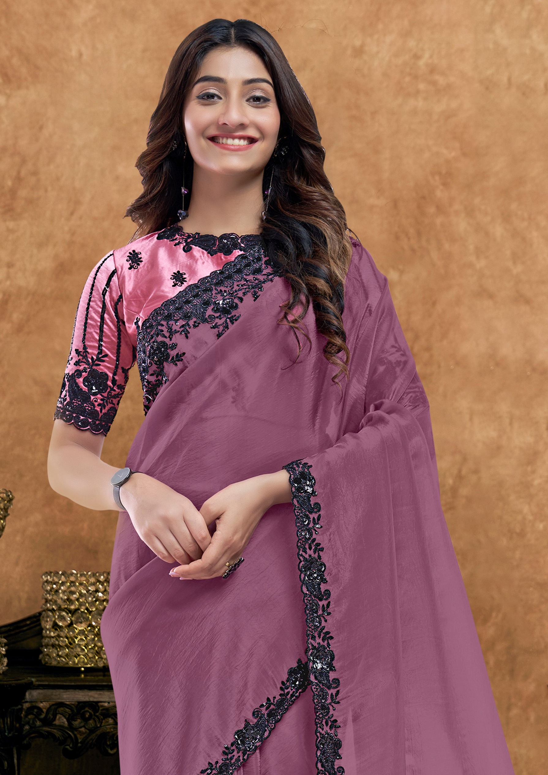 Muted Dark Mauve Crush Silk Designer Saree
