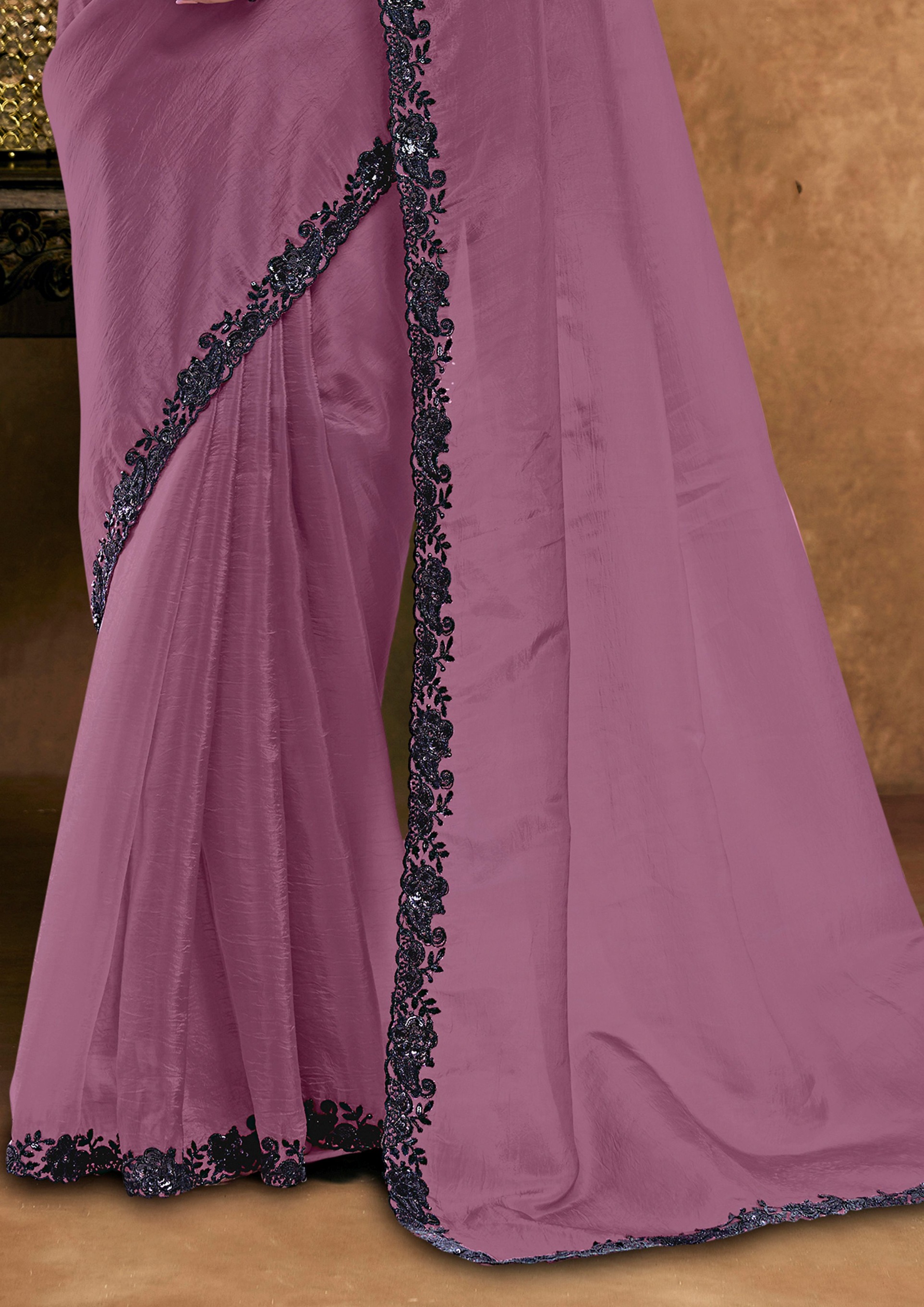 Muted Dark Mauve Crush Silk Designer Saree