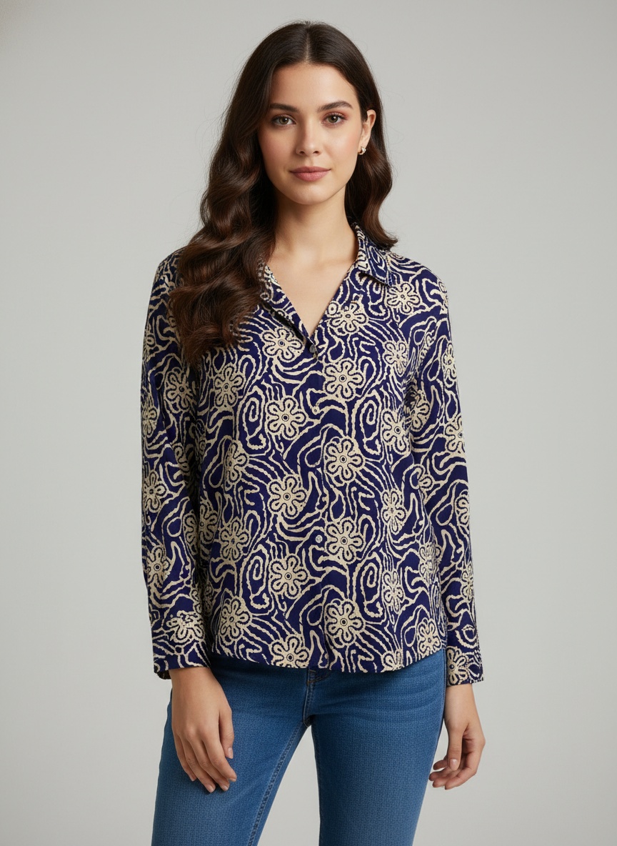Navy Blue Abstract Printed Crepe Casual Shirt