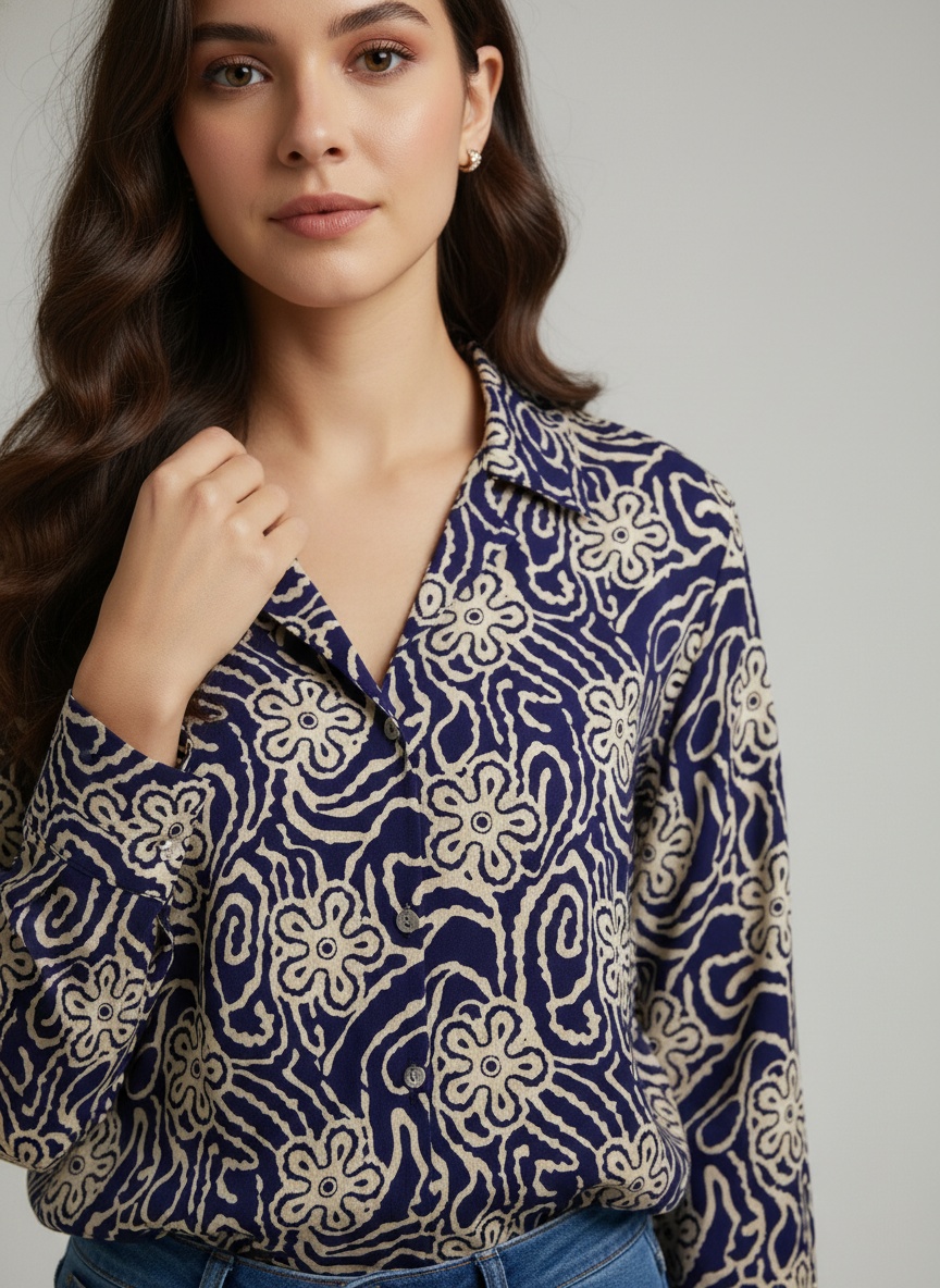 Navy Blue Abstract Printed Crepe Casual Shirt