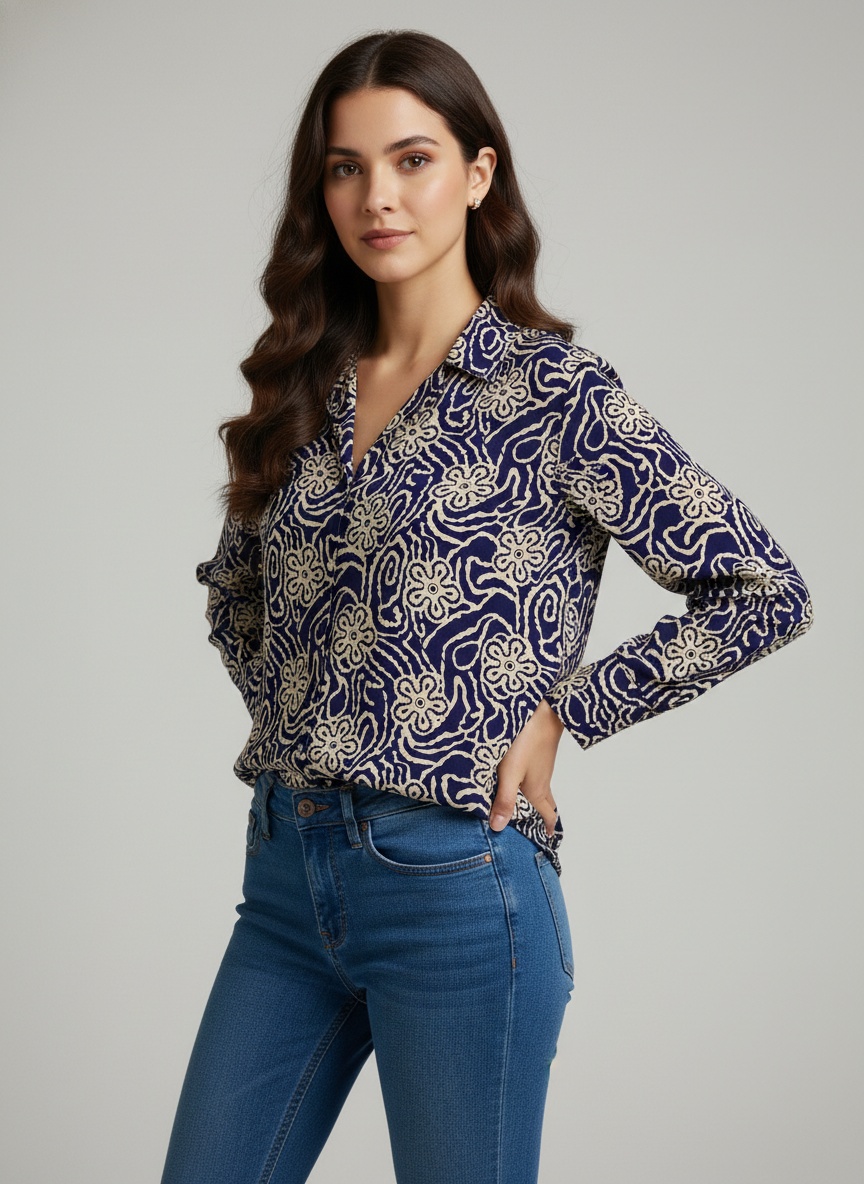 Navy Blue Abstract Printed Crepe Casual Shirt