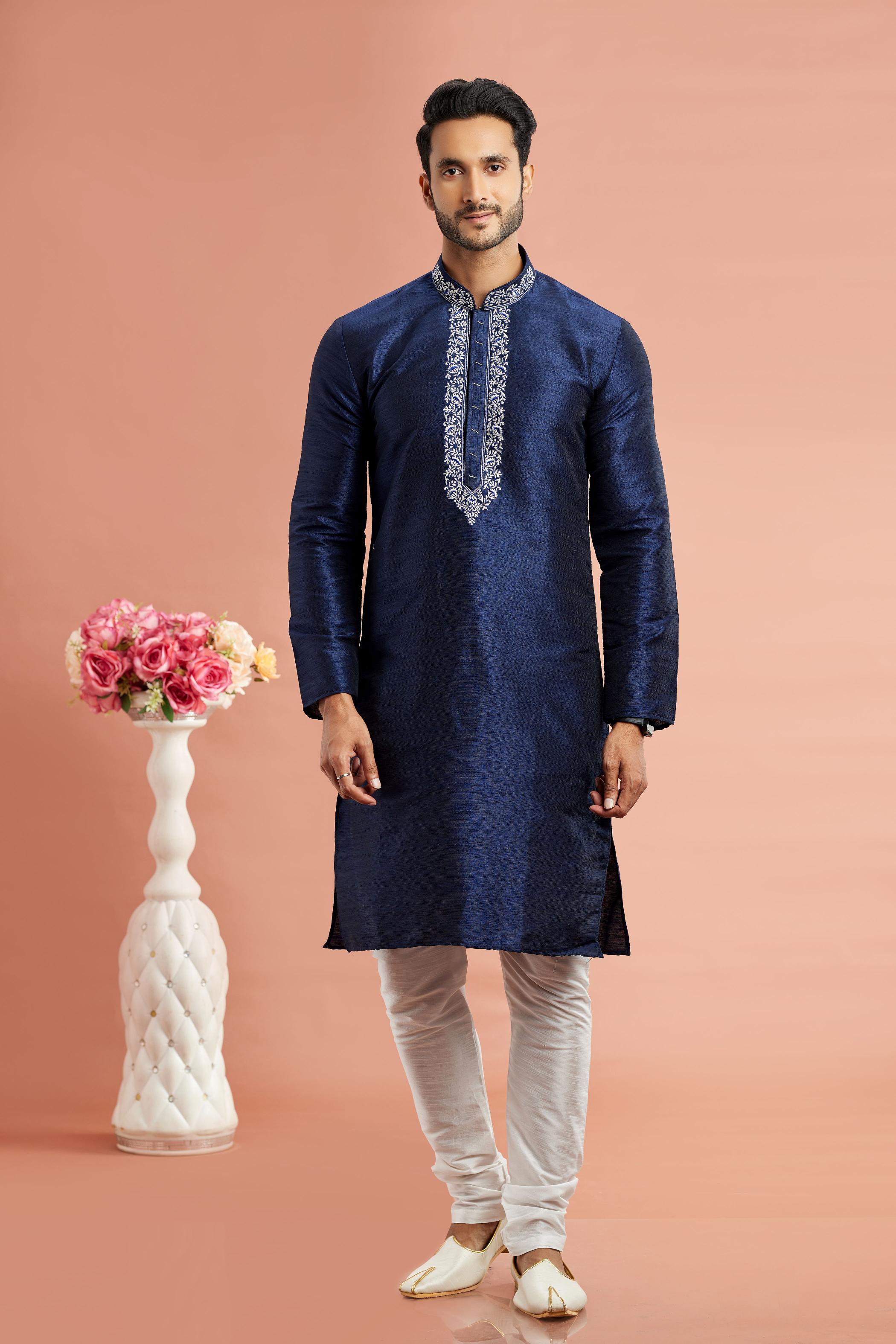 Navy Blue Banarasi Silk Embroidered Kurta Pyjama