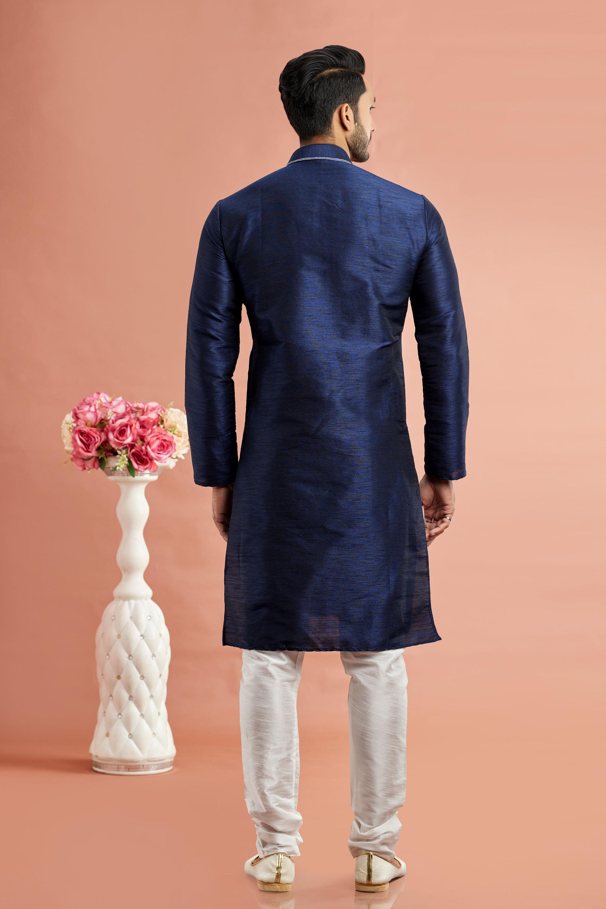 Navy Blue Banarasi Silk Embroidered Kurta Pyjama — alternate view