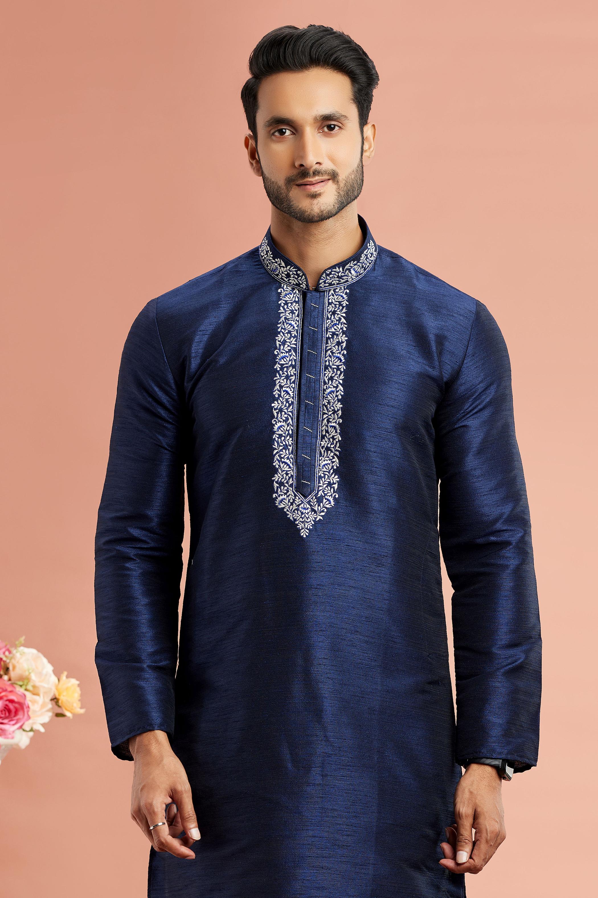 Navy Blue Banarasi Silk Embroidered Kurta Pyjama