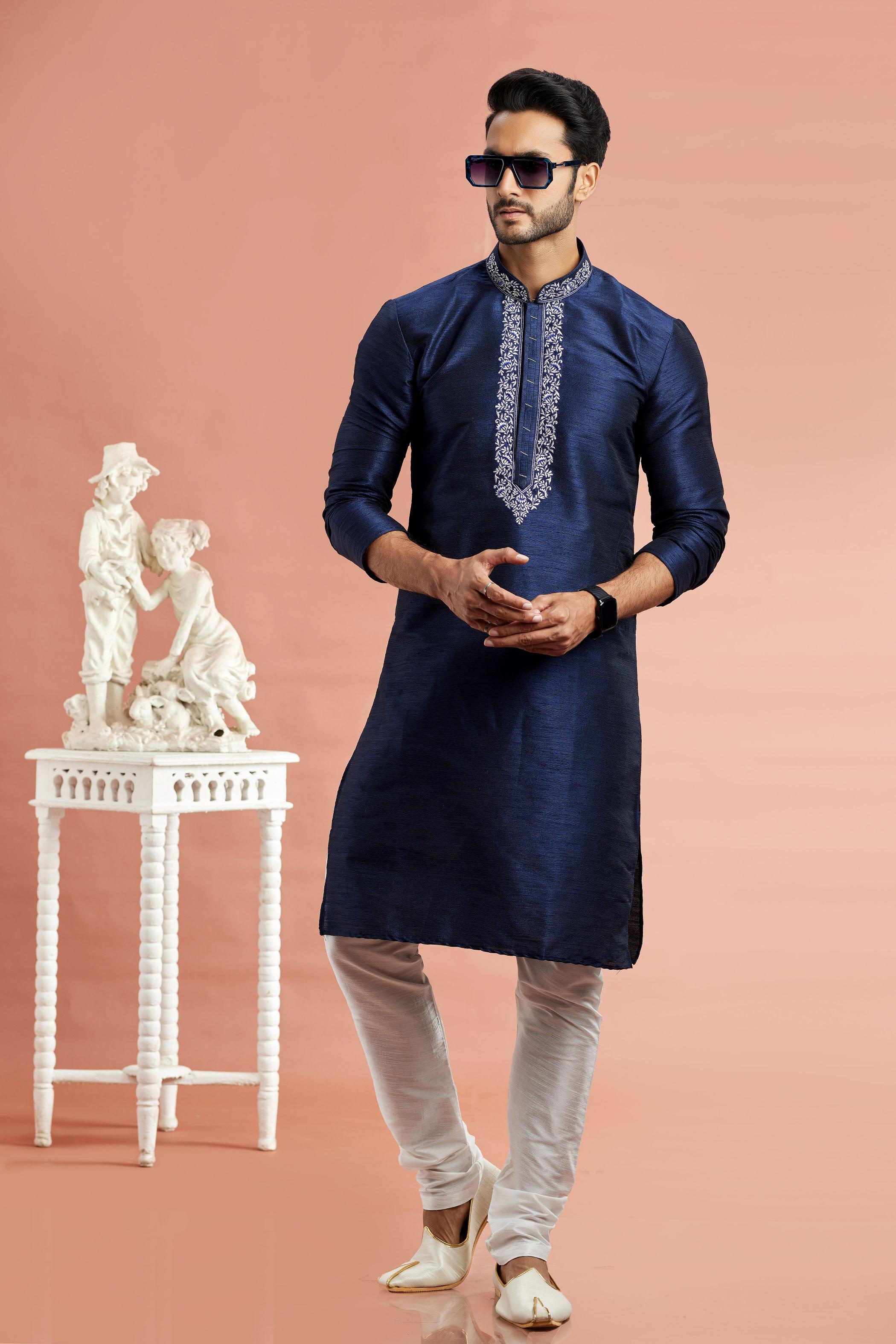 Navy Blue Banarasi Silk Embroidered Kurta Pyjama