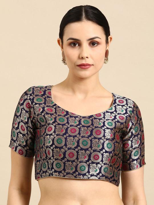 Navy Blue Banarasi Silk Jacquard Readymade Blouse