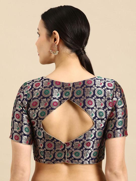 Navy Blue Banarasi Silk Jacquard Readymade Blouse — alternate view