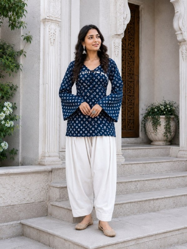 Navy Blue Bandhani Printed Cotton Short Top Bottom Set