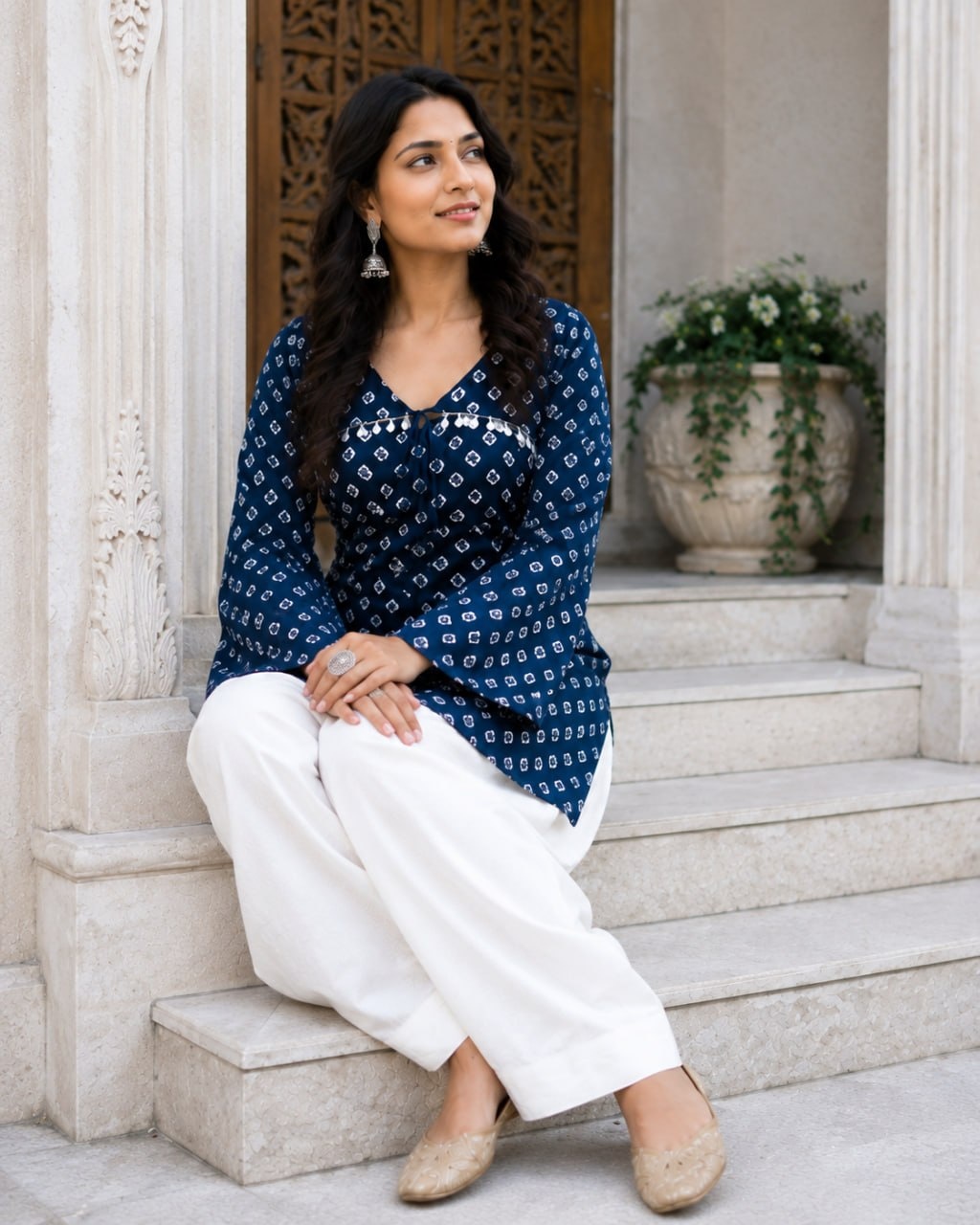 Navy Blue Bandhani Printed Cotton Short Top Bottom Set