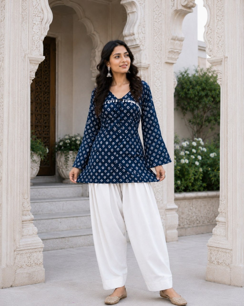 Navy Blue Bandhani Printed Cotton Short Top Bottom Set