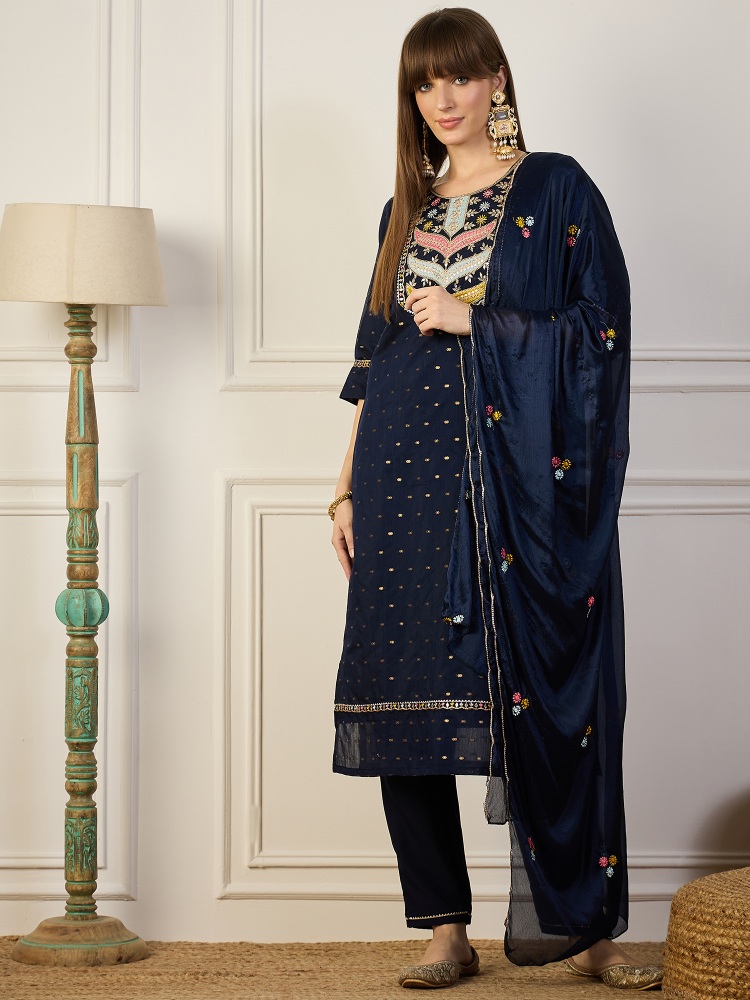 Navy Blue Beads Embroidered Chanderi Silk Salwar Suit