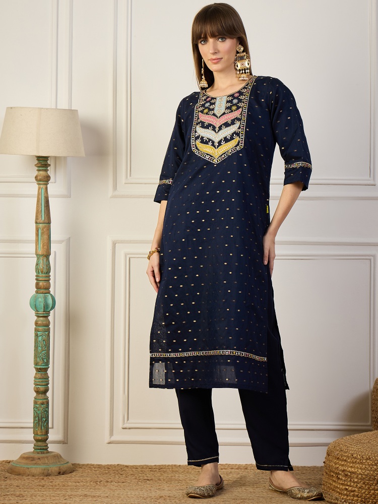Navy Blue Beads Embroidered Chanderi Silk Salwar Suit