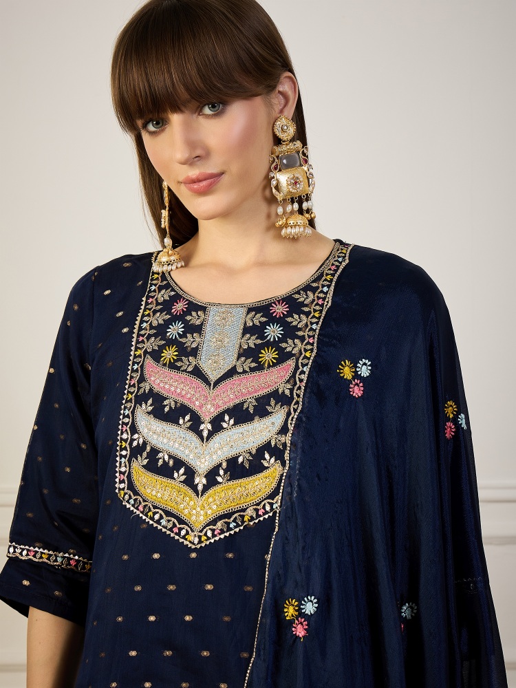 Navy Blue Beads Embroidered Chanderi Silk Salwar Suit