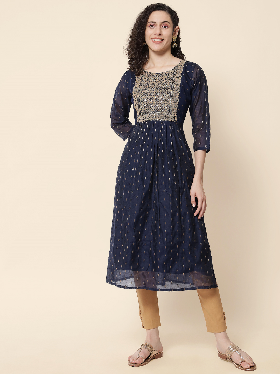 Navy Blue Chanderi Modal Embroidered Kurti