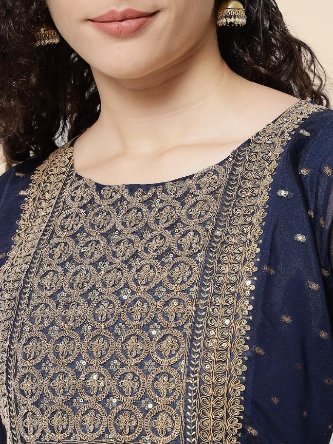 Navy Blue Chanderi Modal Embroidered Kurti