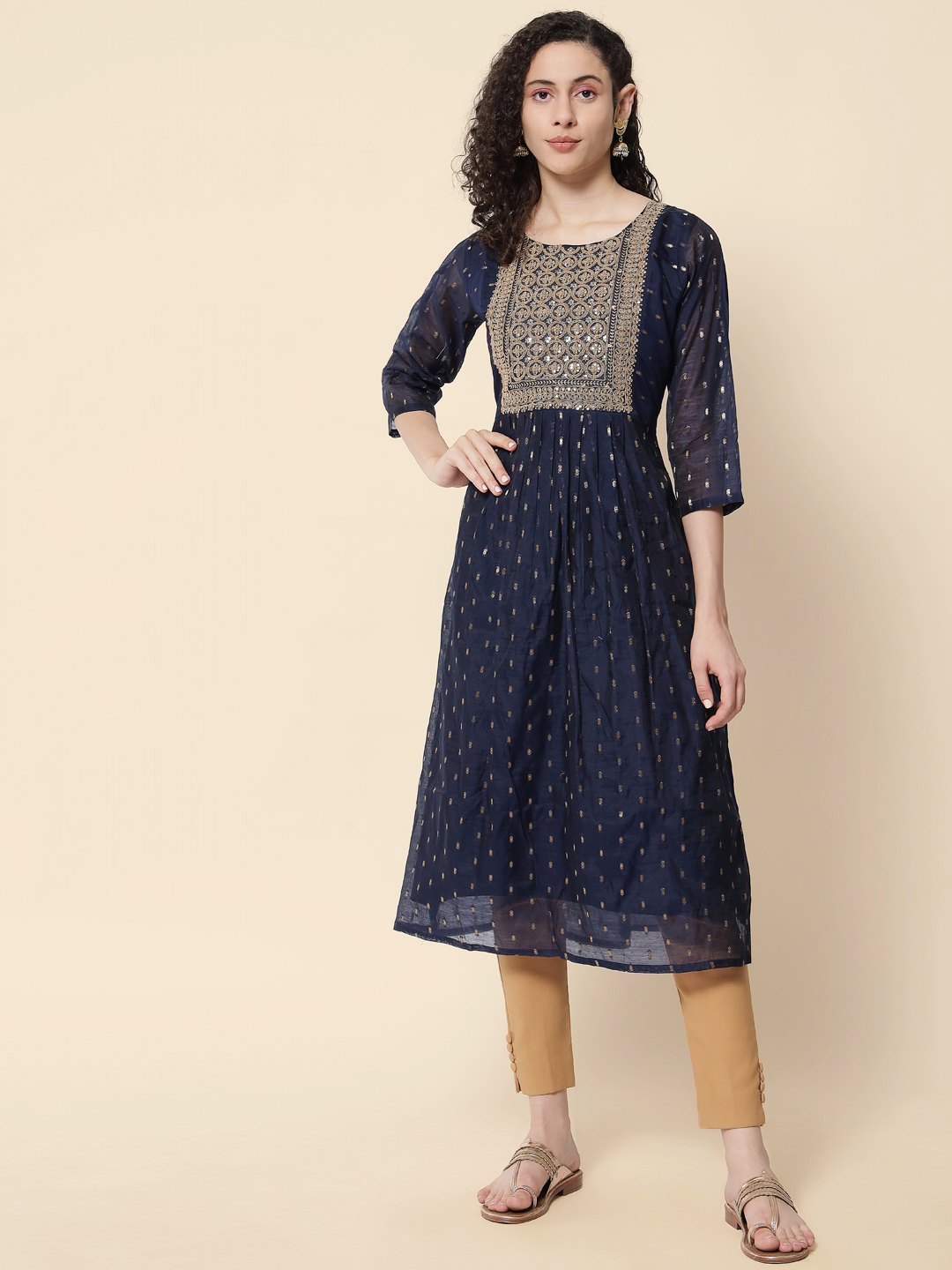 Navy Blue Chanderi Modal Embroidered Kurti