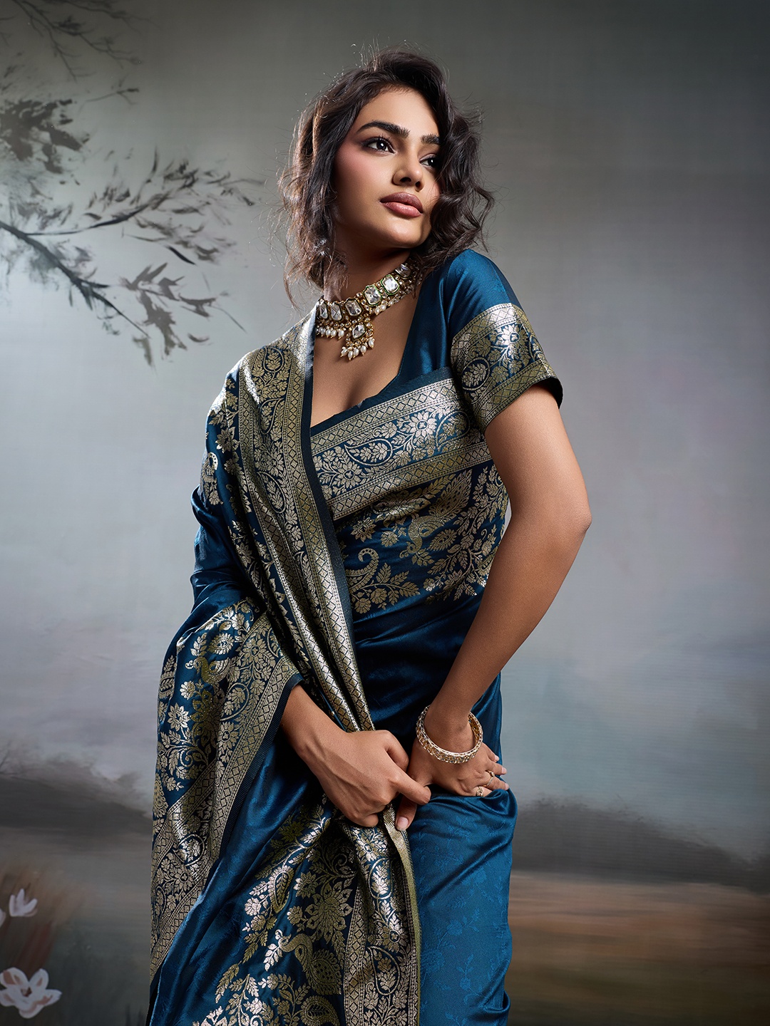 Navy Blue Classic Jacquard Saree