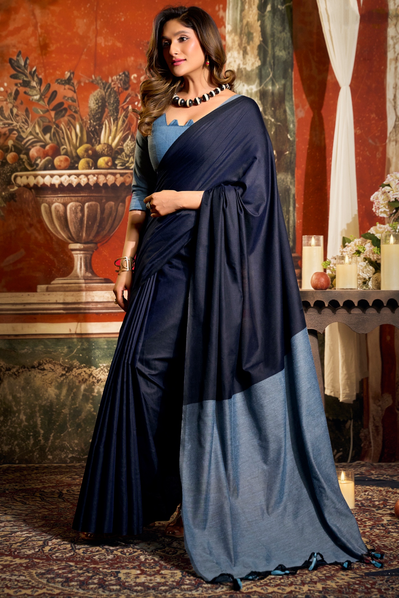 Navy Blue Contrast Tassel Mal Cotton Saree