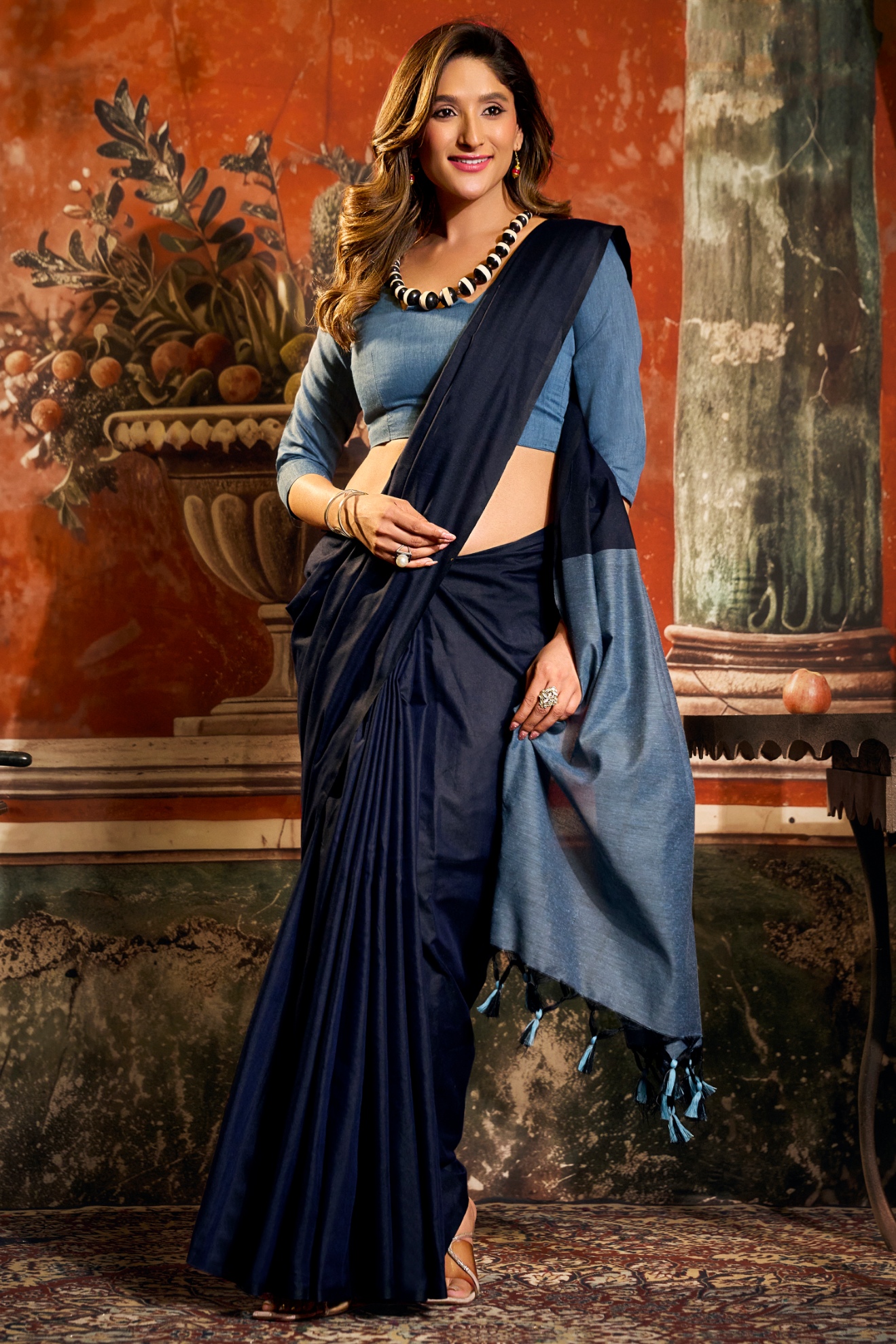 Navy Blue Contrast Tassel Mal Cotton Saree