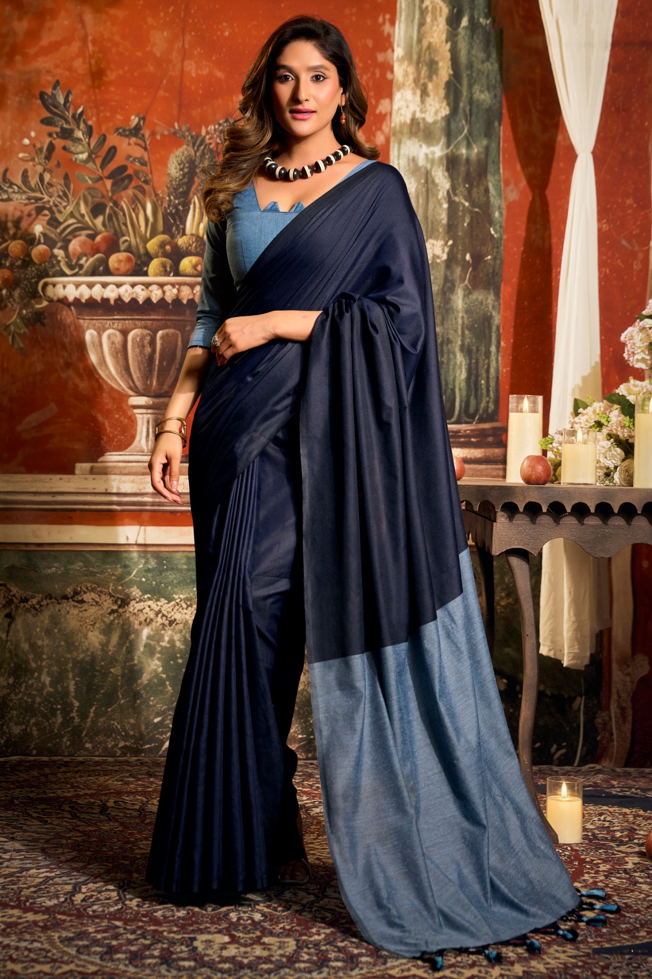 Navy Blue Contrast Tassel Mal Cotton Saree