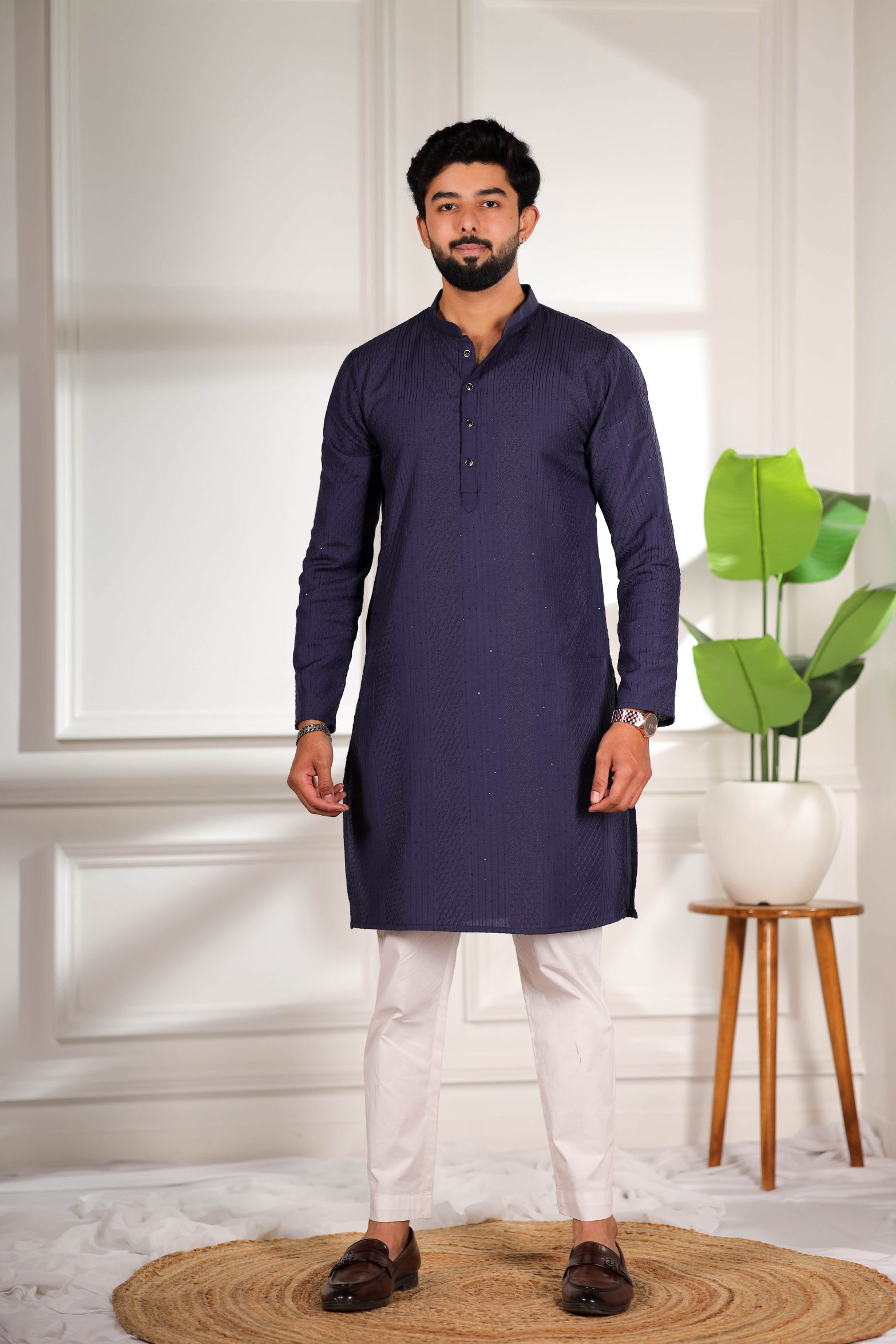 Navy Blue Designer Embroidery Cotton Kurta Pyjama