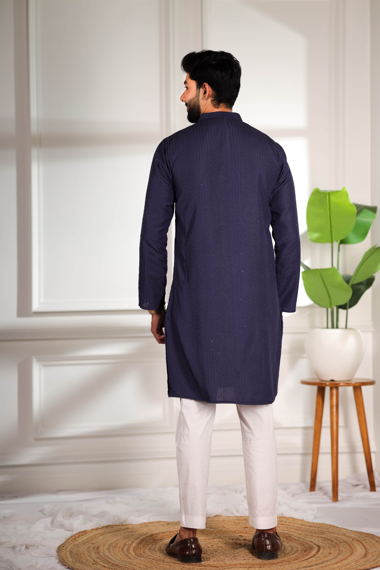 Navy Blue Designer Embroidery Cotton Kurta Pyjama — alternate view