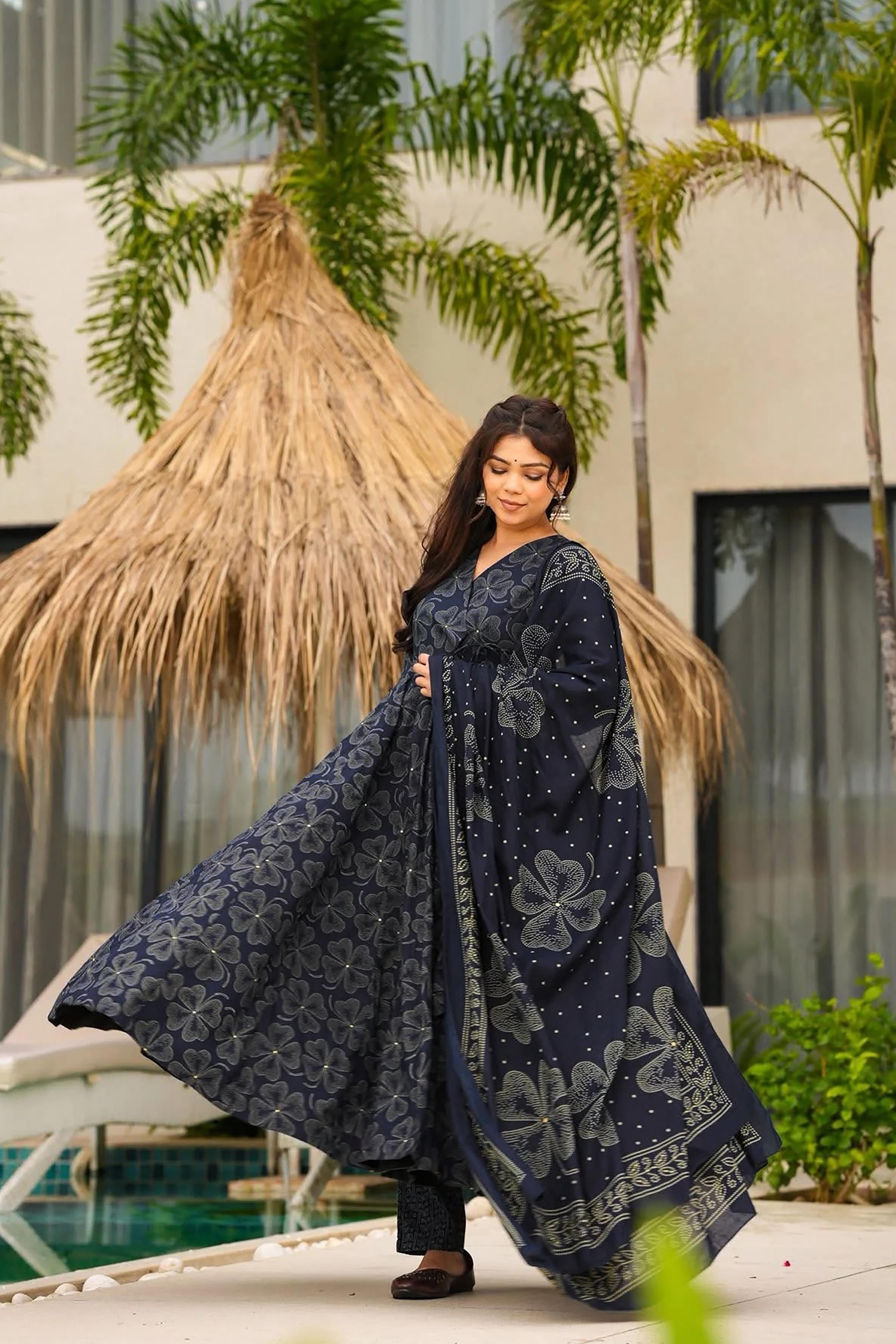 Navy Blue Digital Printed Muslin Palazzo Suit