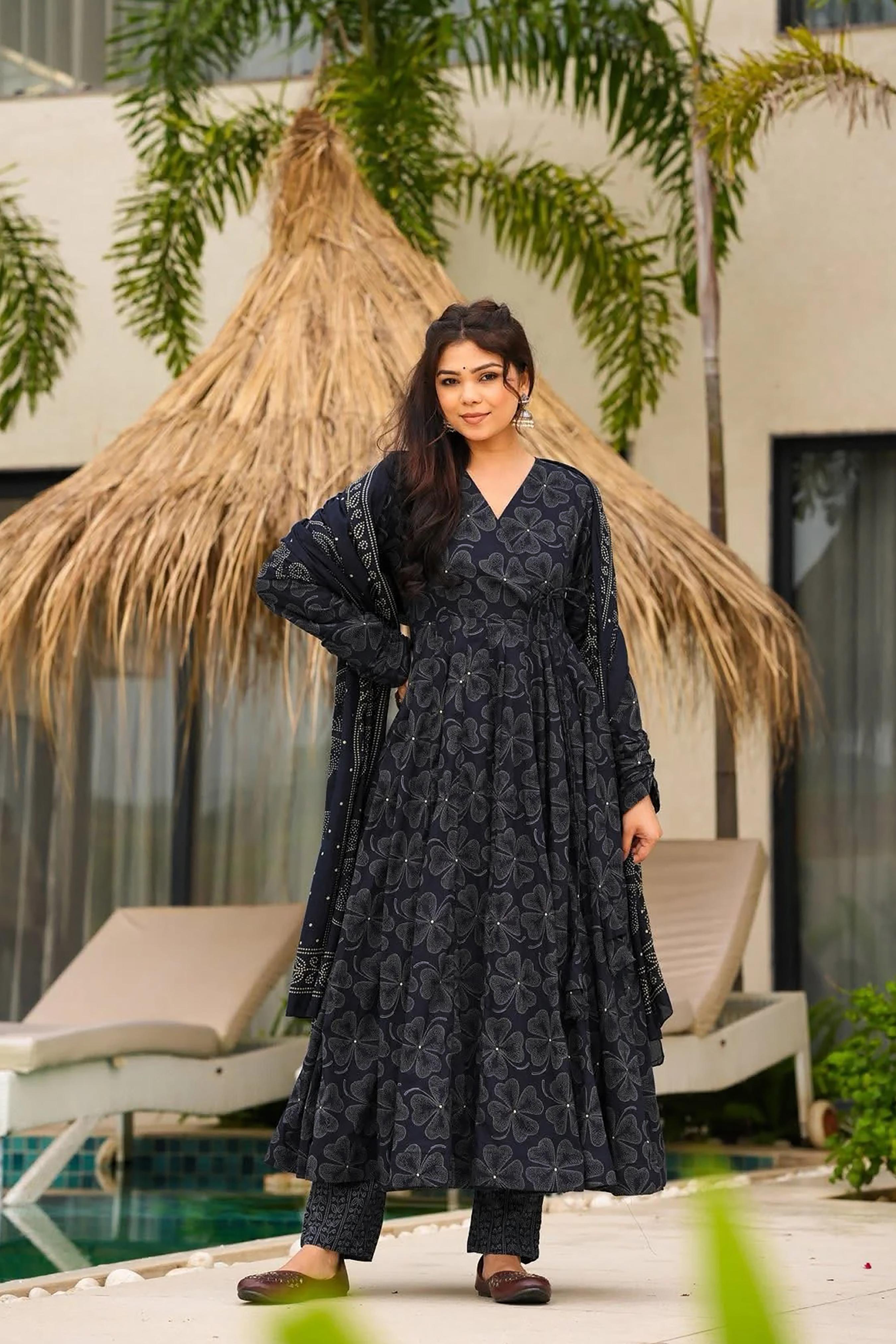 Navy Blue Digital Printed Muslin Palazzo Suit
