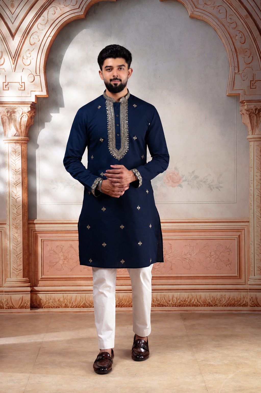 Navy Blue Embroidered Cotton Kurta Pyjama