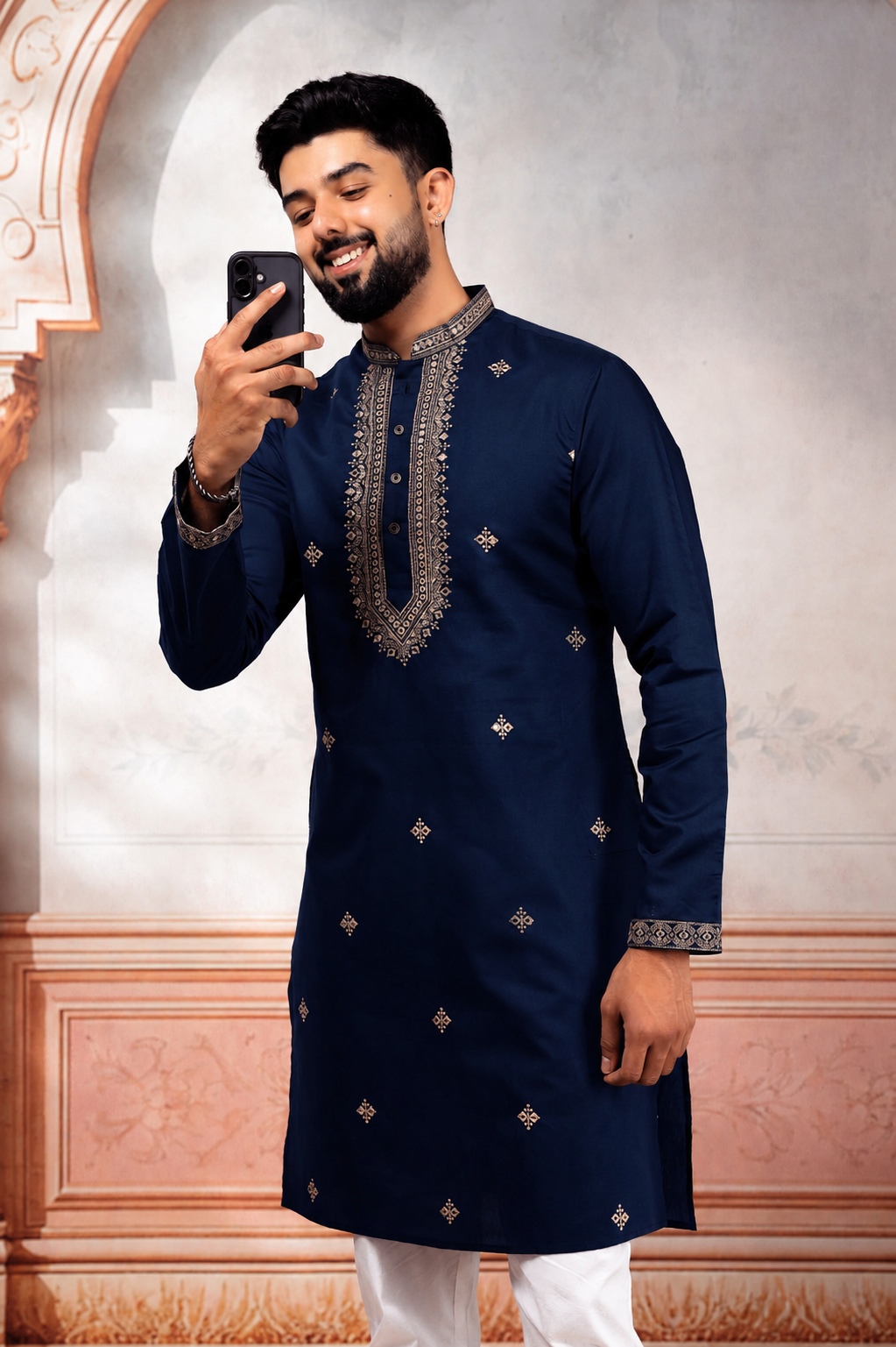 Navy Blue Embroidered Cotton Kurta Pyjama