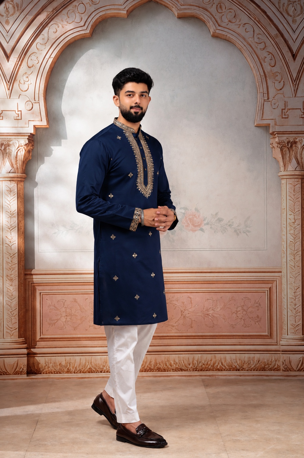 Navy Blue Embroidered Cotton Kurta Pyjama