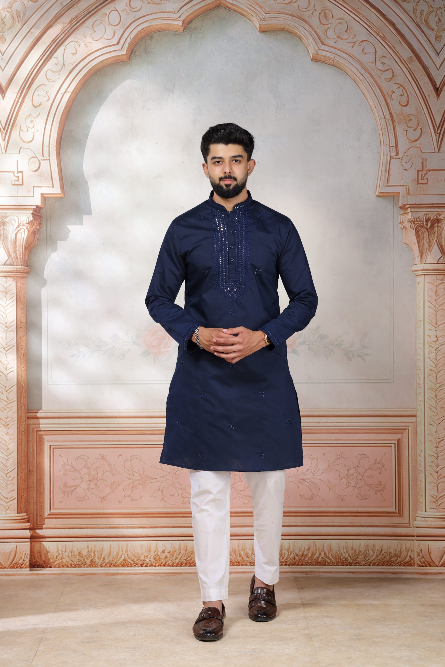 Navy Blue Embroidered Cotton Kurta Pyjama