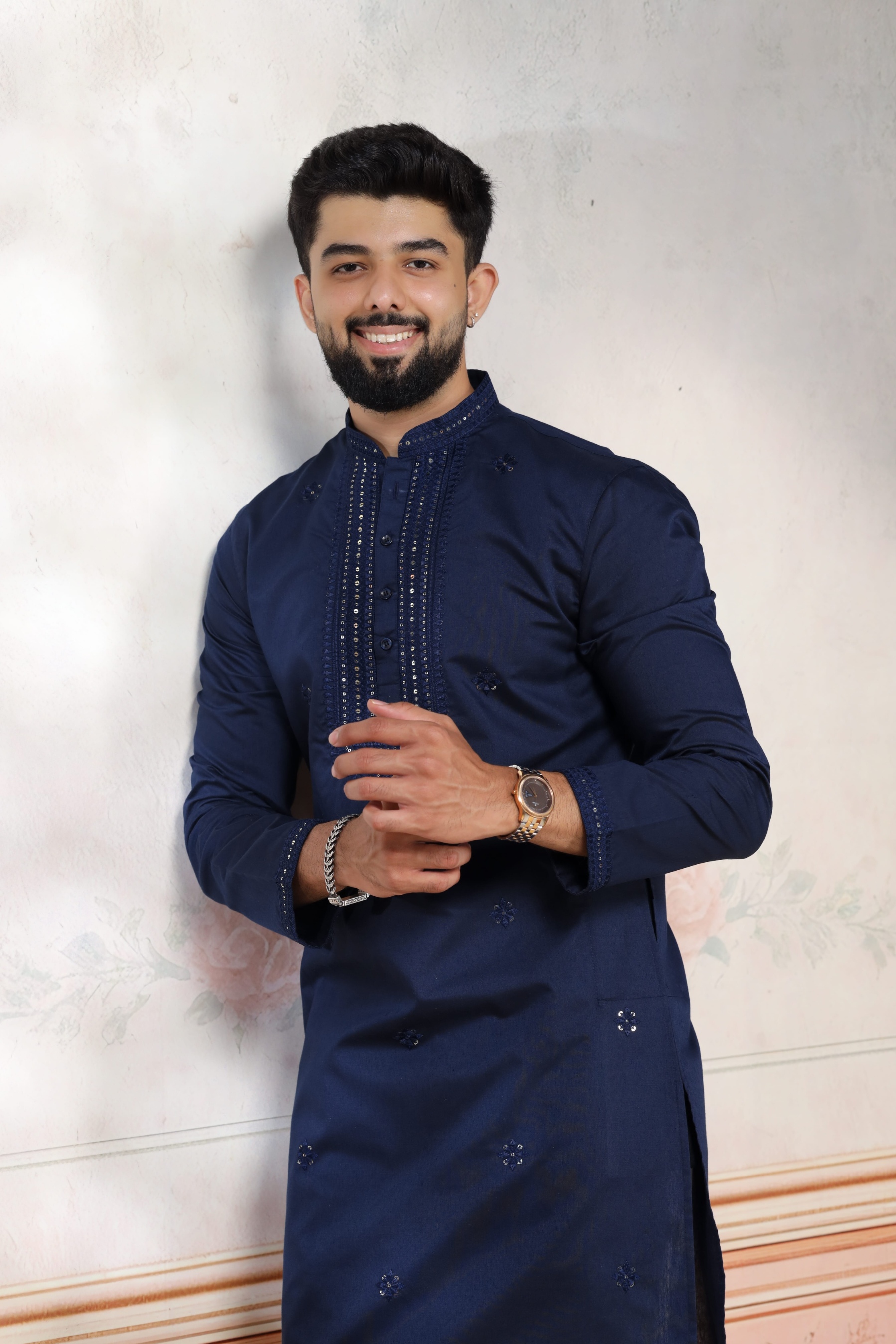 Navy Blue Embroidered Cotton Kurta Pyjama