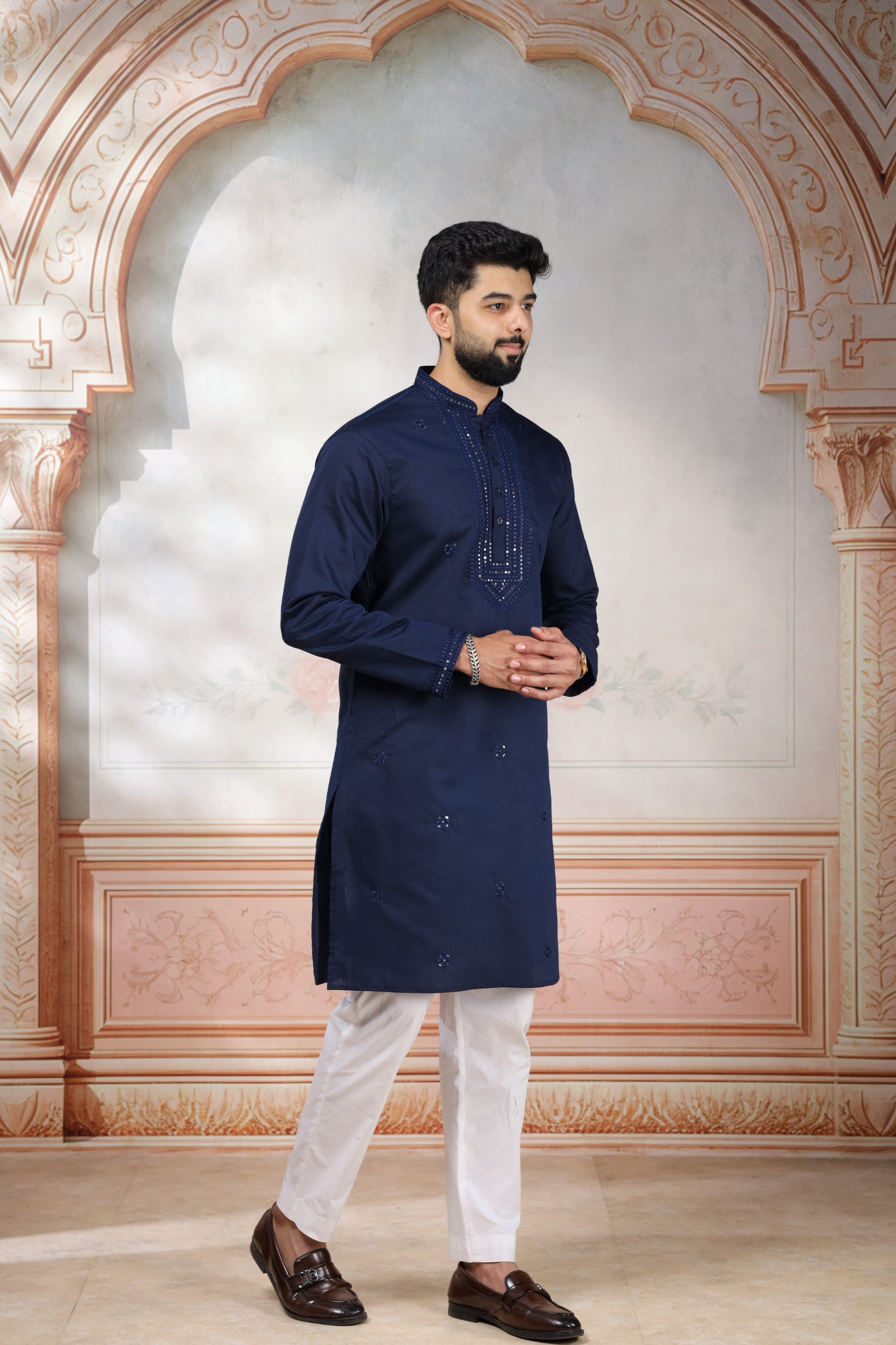 Navy Blue Embroidered Cotton Kurta Pyjama