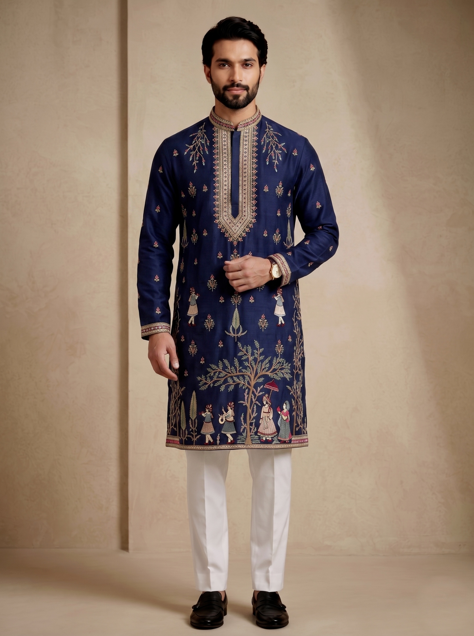 Navy Blue Embroidered Greek Satin Kurta Trouser