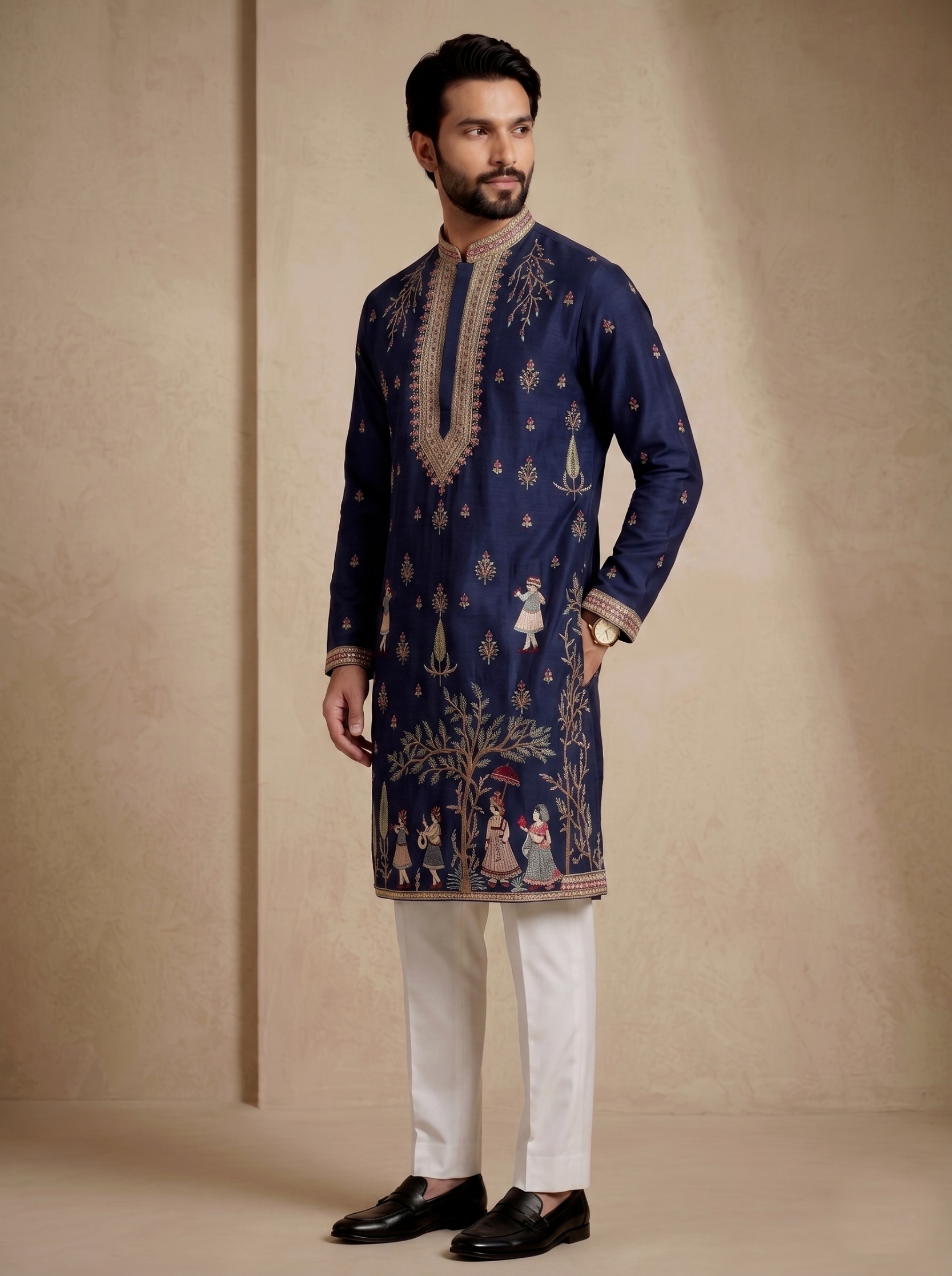 Navy Blue Embroidered Greek Satin Kurta Trouser