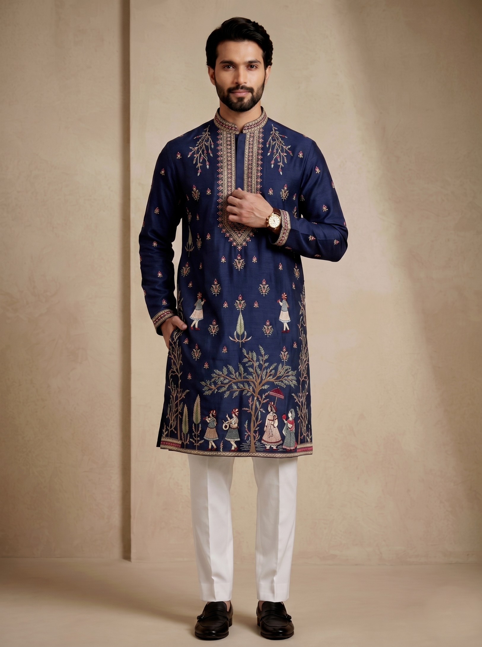 Navy Blue Embroidered Greek Satin Kurta Trouser