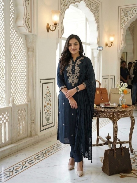 Navy Blue Embroidered Rayon Slub Salwar Suit