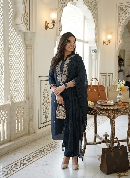 Navy Blue Embroidered Rayon Slub Salwar Suit — alternate view