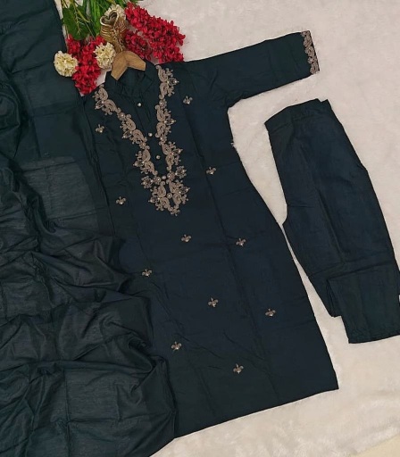 Navy Blue Embroidered Rayon Slub Salwar Suit