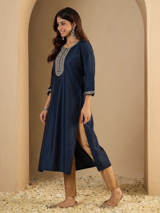 Navy Blue Embroidered Silk Blend Office Wear Kurti