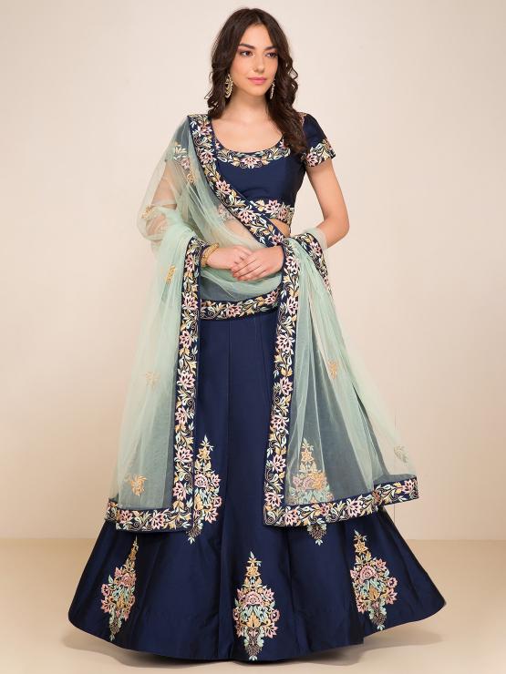 Navy Blue Embroidered Silk Lehenga