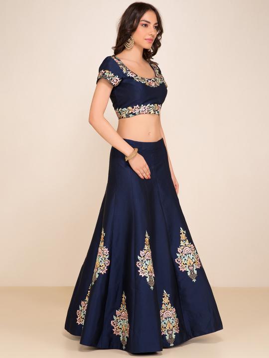 Navy Blue Embroidered Silk Lehenga