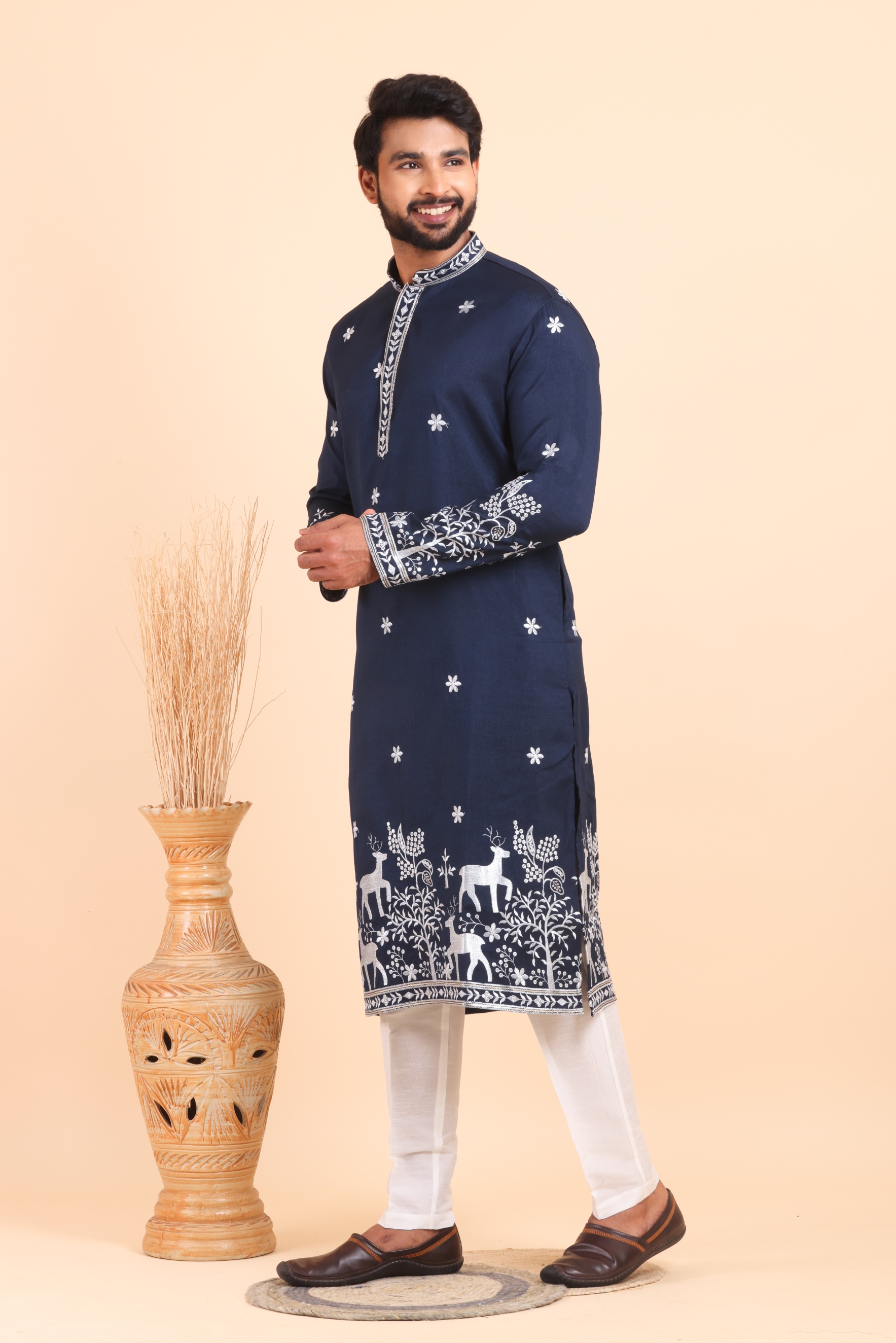Navy Blue Embroidered Viscose Silk Kurta Trouser