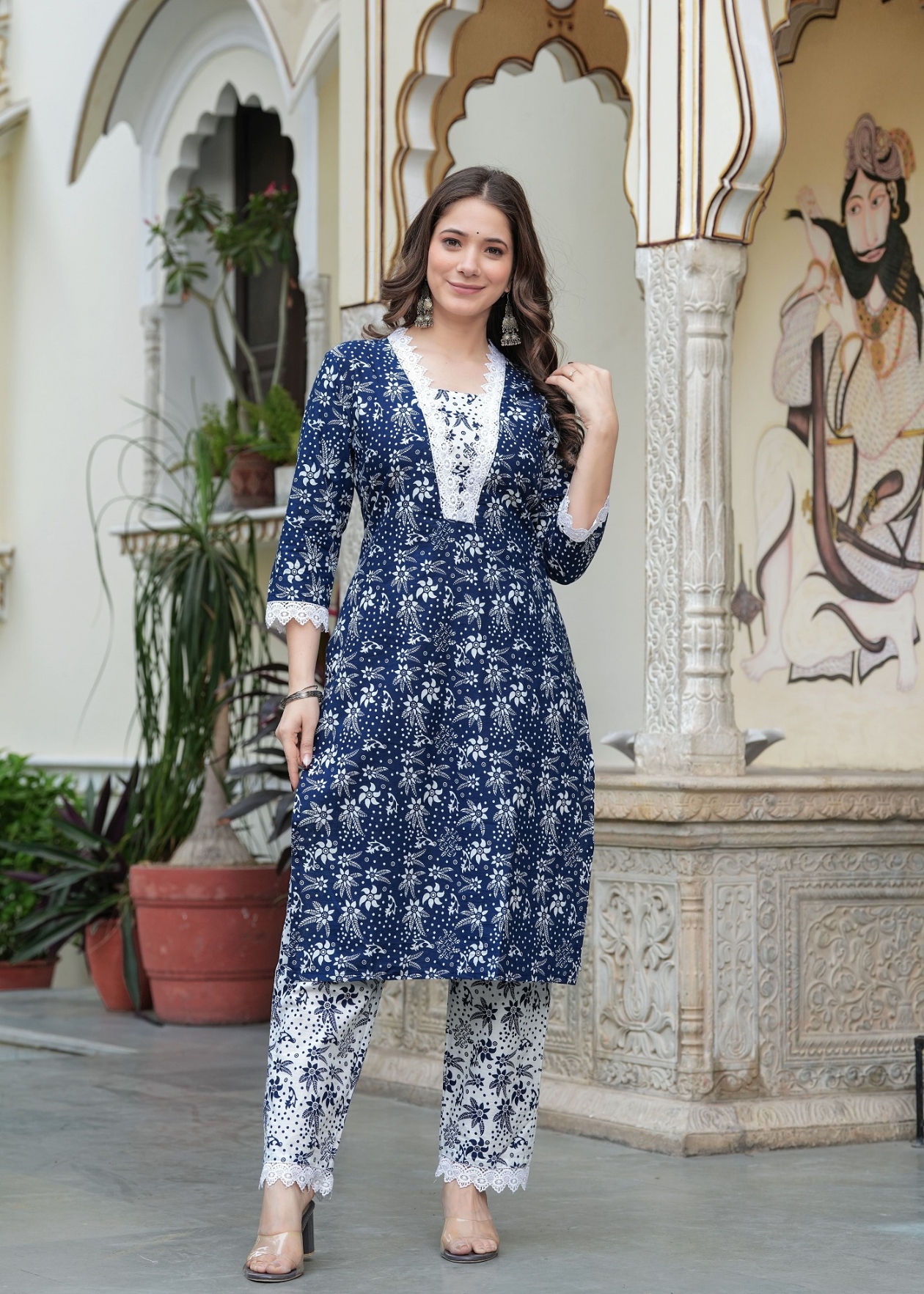 Navy Blue Floral Cotton Blend Straight Suit