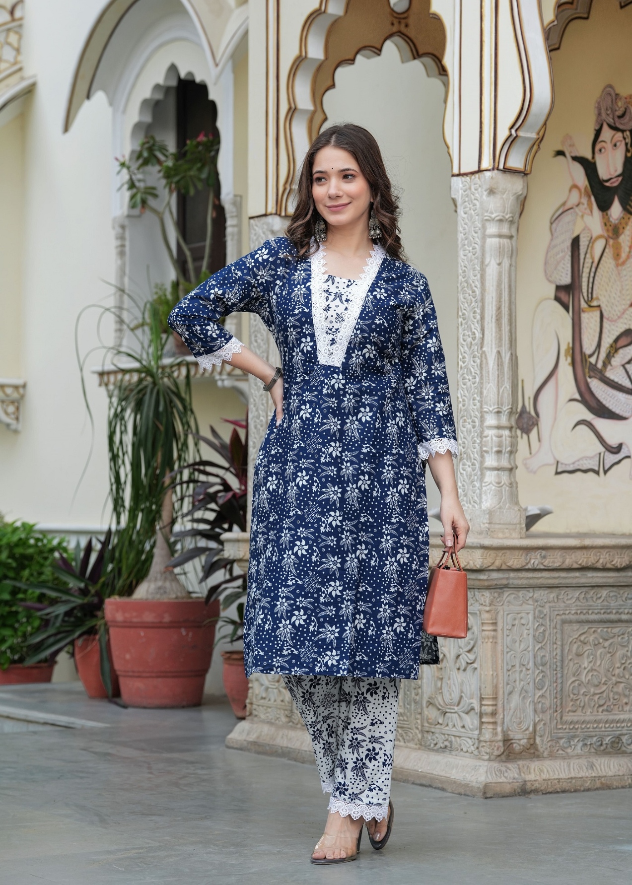 Navy Blue Floral Cotton Blend Straight Suit